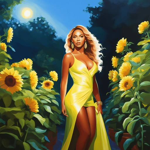 Beyonce in a garden, sun shining bright at night, volumetric lighting, flat lighting photo, oil painting AI Example Art