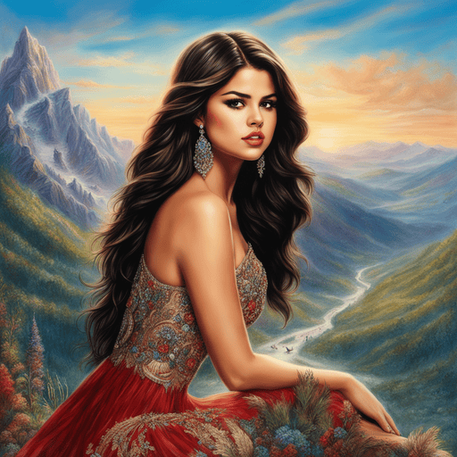 Selena Gomez AI Art Example on a mountain, extremely detailed, style of Adonna Khare