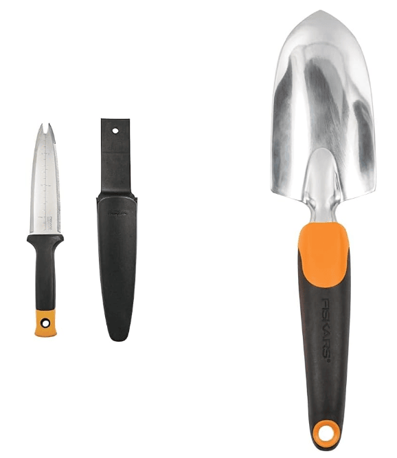 Fiskars Garden Hori Knife with Sheath, Black & Ergo Gardening Hand Trowel – Ergonomic Handle Design with Hang Hole – Heavy Duty Garden Tool for Digging, Garden Edging, and Weed Removal