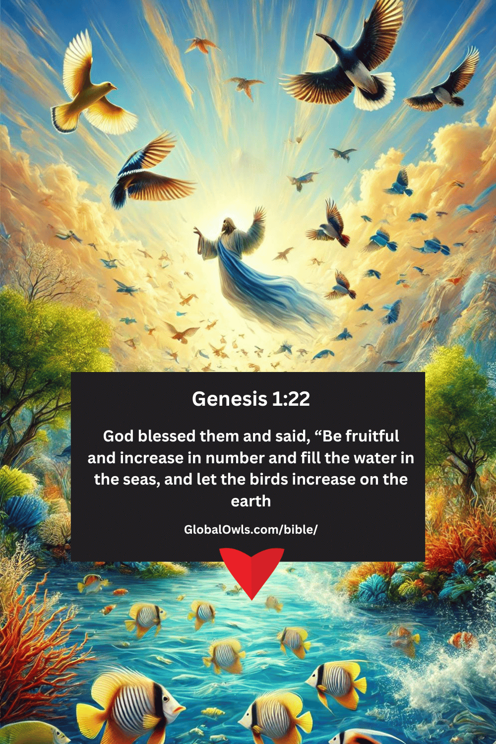 Genesis 1-22 God blessed them and said, “Be fruitful and increase in number and fill the water in the seas, and let the birds increase on the earth