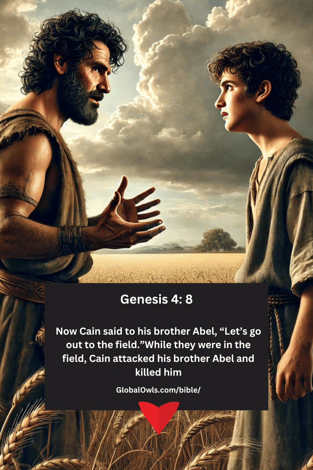 Genesis 4 8 Now Cain said to his brother Abel, “Let’s go out to the field.”While they were in the field, Cain attacked his brother Abel and killed him