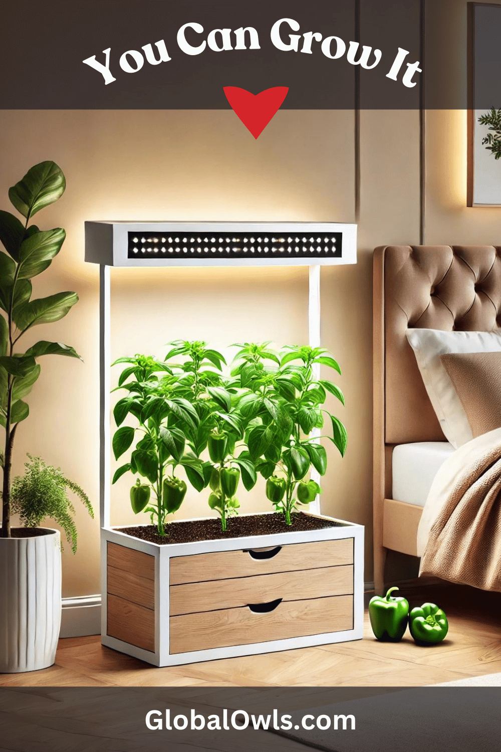 Growing Bell Pepper Indoors - Bell Pepper Planter with a built-in grow light for use in a low-light bedroom